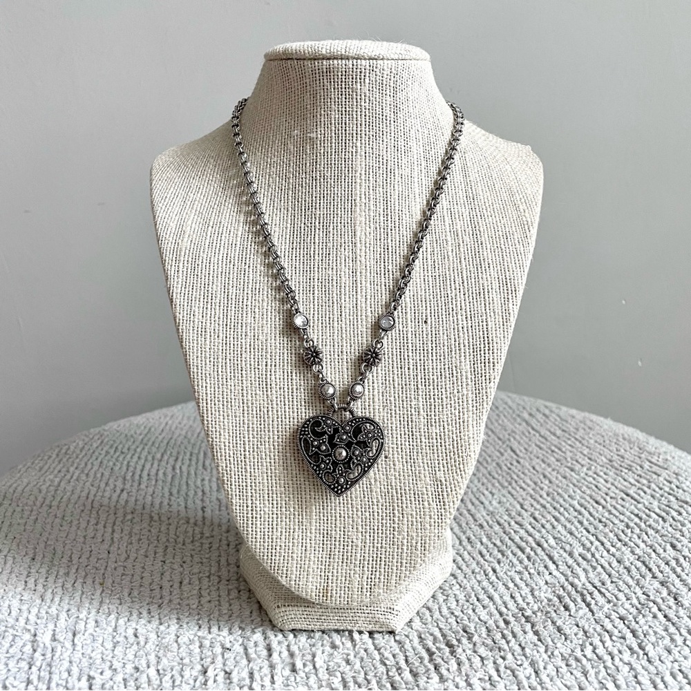 Brighton Scroll Heart Crystal Silver Tone Pendant Necklace